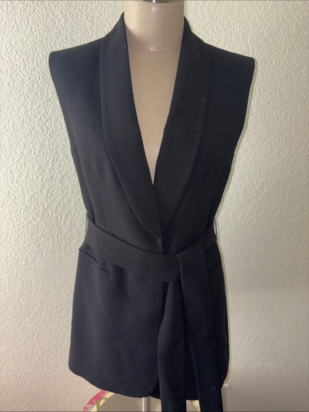 Zara Black Sleeveless Collar Vest with Waist Sash